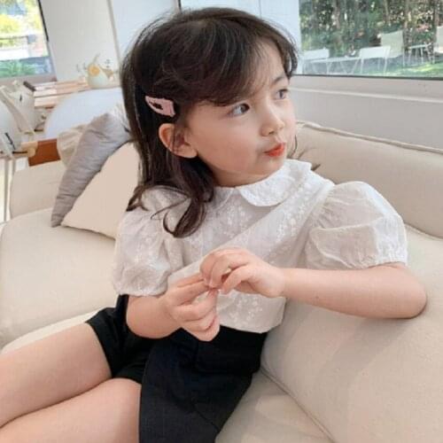 Summer Short Sleeve Cotton Girls White Lace Blouse Shirts For Kids Solid School Girl Blouses Tops Baby Toddler Children Clothes