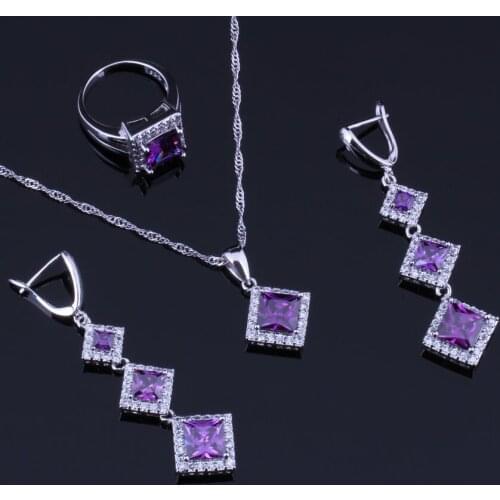 Majestic Square Purple Cubic Zirconia White CZ Silver Plated Jewelry Sets Earrings Pendant Chain Ring V0258