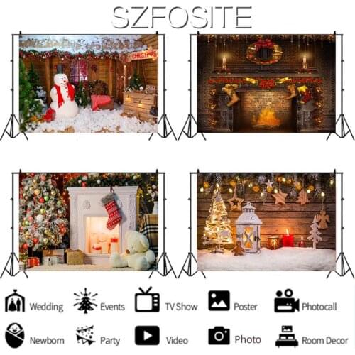 Cute Snowman Tree Snow Scene Fireplace Backdrop Christmas Happy Party Decoration Kids Room Baby Newborn Custom Background Photo