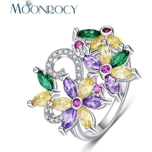 MOONROCY Fashion Jewelry Wholesale Bohemia Multicolor CZ Crystal Silver Color Rings for Women Gilrs Gift Drop Shipping