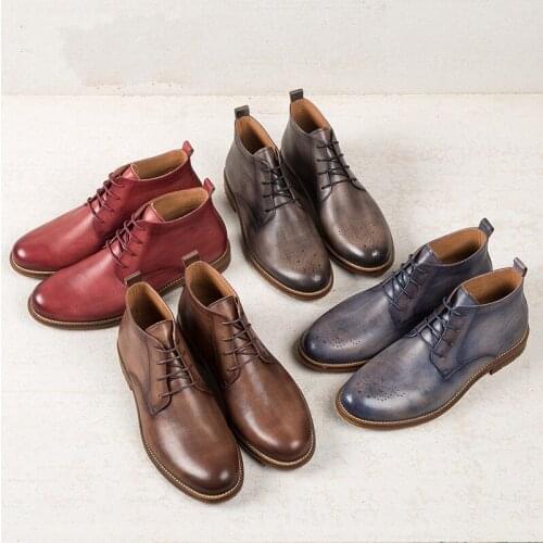 Vintage Style High Top Men Short Boots Full Grain Leather Man Brogue Carved Martin Boots