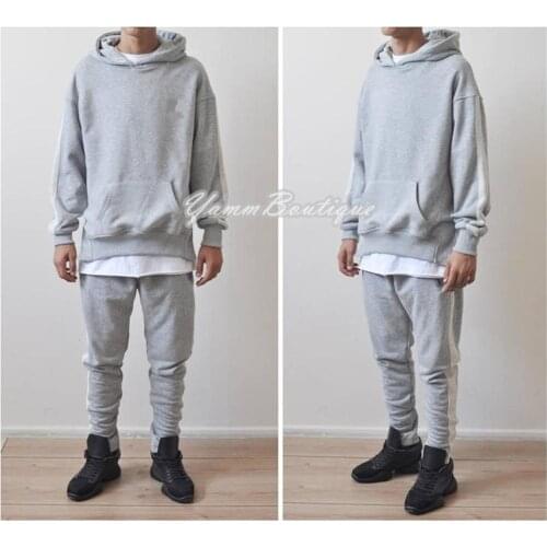 Mens Reversed Double Striped Track Pant Jogging Suit and Hoodie / Oversized Fit Overlong Side Slit Paneled Hoodie