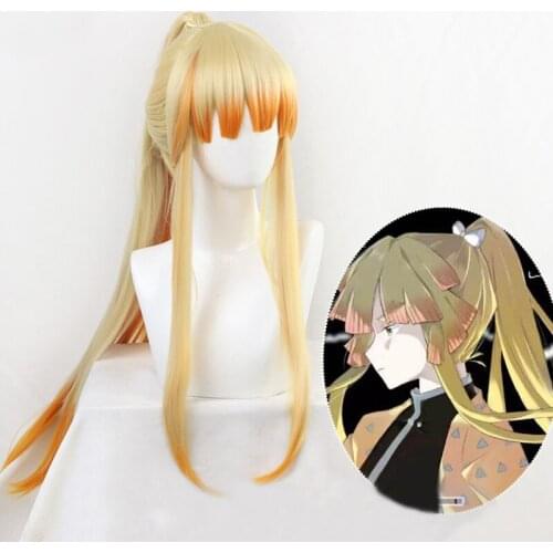 Kimetsu no Yaiba Agatsuma Zenitsu Wig Female Version Long Ponytail Demon Slayer Women Heat Resistant Hair Cosplay Wig + Wig Cap