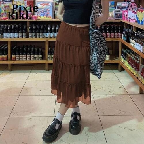 PixieKiki Fairy Grunge Brown Mesh Tiered Skirt Y2k Clothes 90s Aesthetic Gothic Elastic Waist Long Skirts Womens 2021 P84-CF24