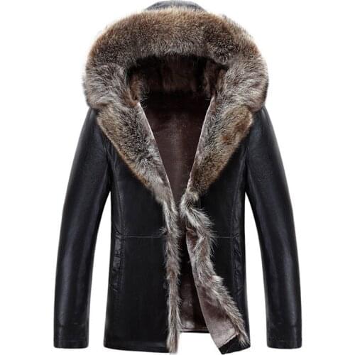 Suitable for Mens Leather Padded jacket Winter Fur collar Hooded Faux Leather jacket Winter Wear Padded Fur one leather S-4XL