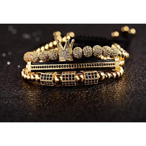 Luxury 3pcs Gold Crown Bracelets Set Long Tube Cubic Micro Pave CZ Ball Charm Braided Braiding Man Jewelry Pulseira Bileklik