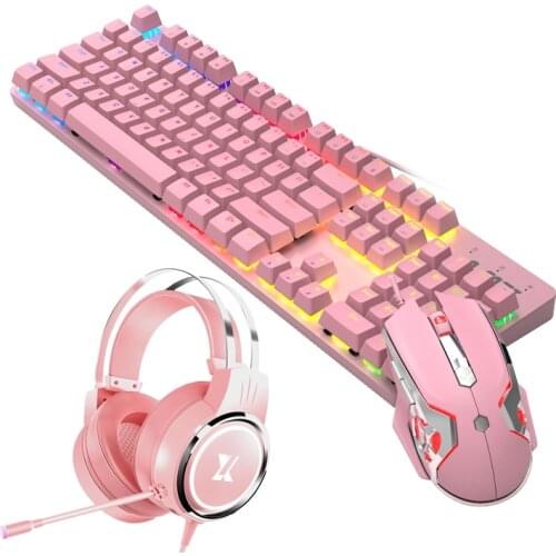 Pink Keyboard Mouse Earphone Sets for PC 104 Keycaps Mechanical Keybaord with 3200DPI Macro Mouse and Stero Sound Earphone Combo