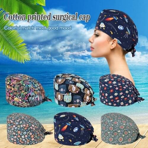 High Quality Cartoon Cute Print Unisex Sweat-absorbent Scrub Hat Beauty Salon Lady Nursing Cap Hospital Surgical Caps