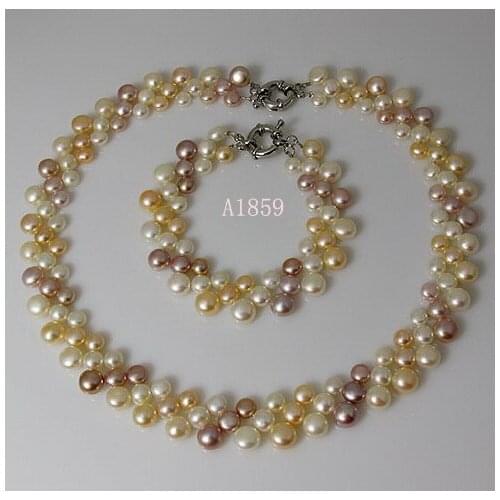 Unique Pearls jewellery Store,Natural Color 3rows White Pink Purple Genuine Freshwater Pearl Necklace Bracelet Jewelry Set