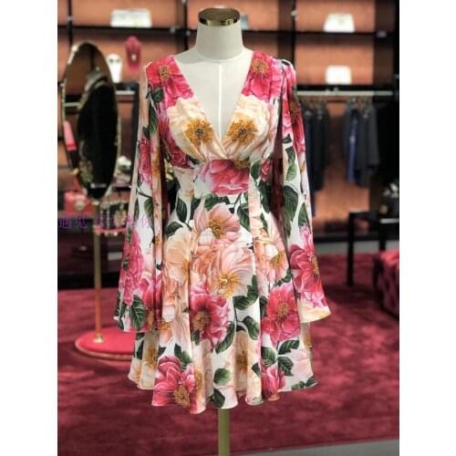 Camellia Womens Summer 2021 Printed Silk Satin Floral Flare Sleeve V-neck High Quality Sicily Gorgeous Runway Fashion Luxury