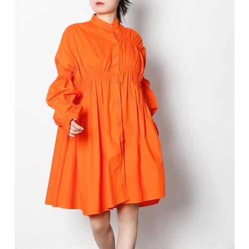 2021 spring new personality pleated shirt skirt fashion stand-up collar lantern long-sleeved solid color irregular dress women