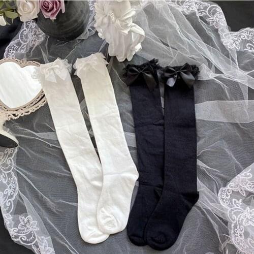 Women Lolita Lace Ruffle Frilly Knee High Socks Kawaii Sweet Bowknot Summer Stretch Solid Color Long Stockings Hosiery