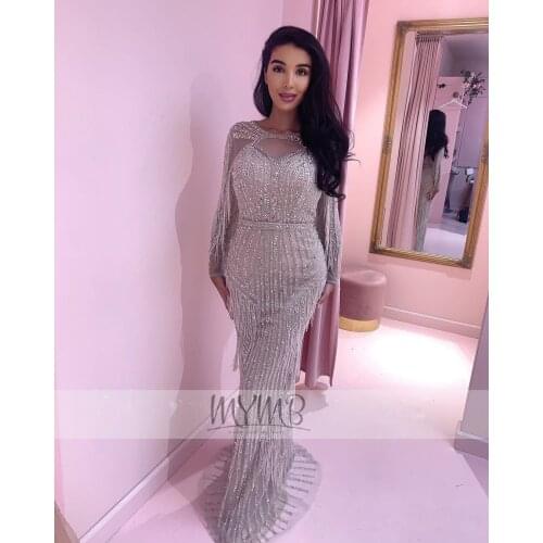 2021 Luxury Sparkly Silver Muslim Evening Gown Mermaid Couture Beading Tassel Elegant Bridal Mother Dress Long Sleeve Plus Size