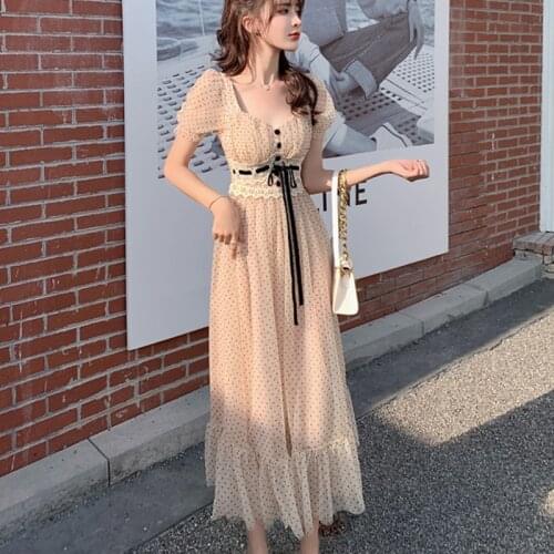 Elegant Square Collar Palace Style Robe Female Dot Print Mesh Fairy Vestido Drawstring Pleated Short Sleeve Dresses Women