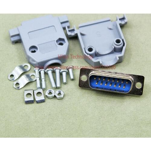 10pcs/lot) Parallel Serial Port DB15 15 Pin 15 Way D Sub Male Solder Connector + Plastic Assemble Shell Cover VGA Adapter