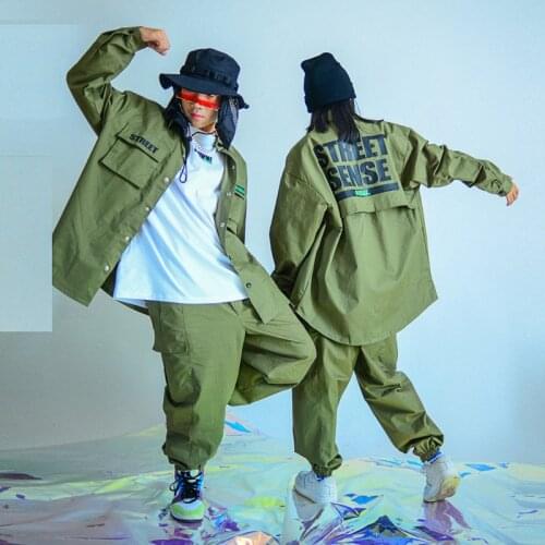 2021 Kids Modern Dance Hip Hop Clothes Girls Green Jacket Loose Pants Suit Jazz Street Dance Costumes Boys Rave Clothes DN7701
