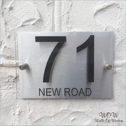Modern House Number Plaque Sign Glass Effect Acrylic Brushed Aluminum Backing Plate Personalised House Number And Street Name