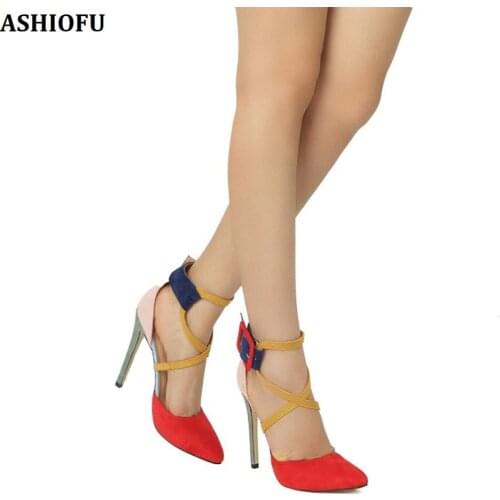 ASHIOFU Handmade Womens High Heel Pumps Cross Buckle Strap Patchwork Party Office Dress Shoes Large Size Fashion Court Shoes