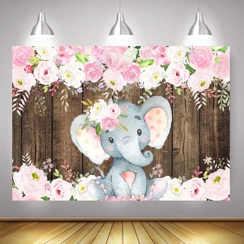 Photography Backdrop Floral Elephant Birthday Party Photocall Rustic Wood Pink Rose Newborn Baby Shower Background Photoshoot