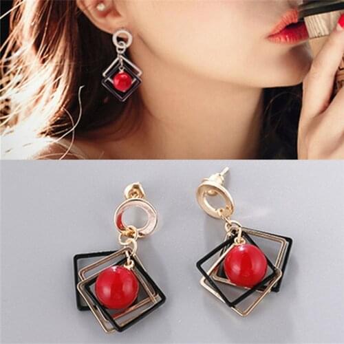 Geometric Earrings Red Bead Square Earrings For Woman Girls Gifts Brincos Boucle D'oreille Femme Modern Jewelry