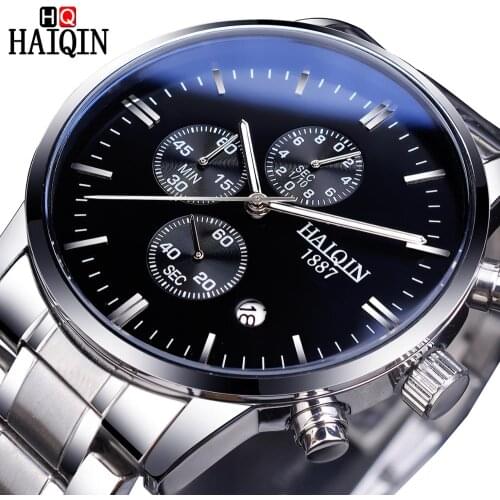 HAIQIN Black Fashion Three Dial Calendar Display Mens Quartz Wrist Watches Top Brand Luxury Waterproof Sport Business Male Clock