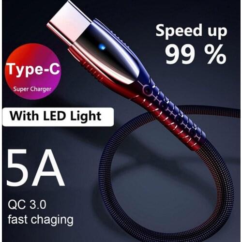 5A Type c Mobile Phone Cable Zinc Alloy Fast Charger LED Light Type-C Cable for Android Huawei Xiaomi QC3.0 Sync Charging Cable