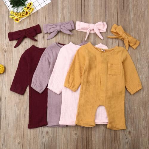 Toddler Baby Girls Long Sleeve Romper Jumpsuit Autumn Clothes Tops Sets 3-24M Cotton Romper Bodysuit Jumpsuit Headband