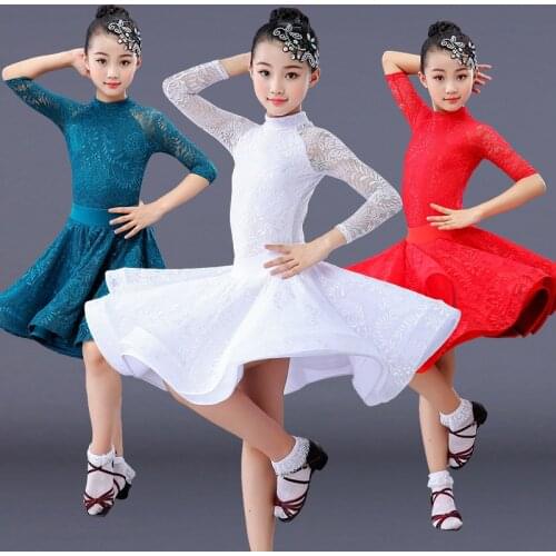 Lace girl latin dance dress competition for children girls competition ballroom kids skirt tango salsa dancewear practice wear