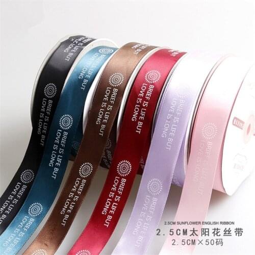 2.5cm 50 Yard Sunflower Printed Ribbon Luxury Satin Ribbon Flower Wrapping Supplies Silk Ribbon