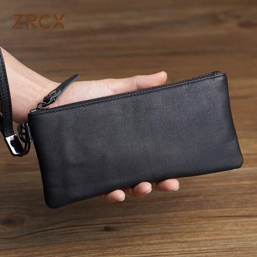 ZRCX Mens Large-Capacity Clutch Bag Top Layer Cowhide Handbag Mens Casual Soft Leather Long Wallet Simple Mobile Phone Bag