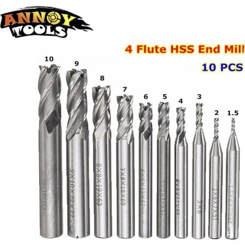 Brand New 10Pcs/Set Diameter 1.5mm to 10mm HSS CNC Milling Cutter Straight Shank 4 Flute Blades End Mill Cutter Drill Bit