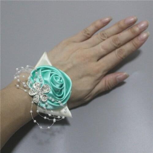 New Wedding Wrist Flowers Satin Rose Flower Bridesmaid de Marriage Silk Ribbon Crystal Brooch Corsages Flowers de novia SW0677