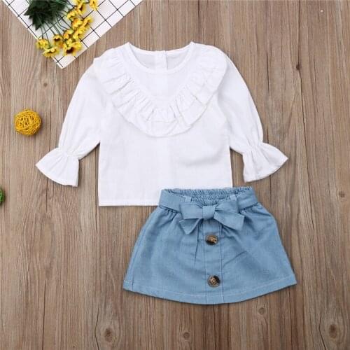 New Toddler Baby Girl Long Sleeve Ruffle Tops+Button Denim Skirt Clothes Set Sweet Casual Girls Princess Clothing