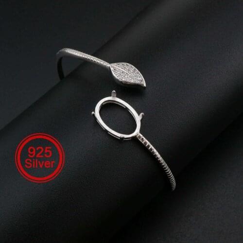 Oval Prong Bezel Bangle Settings Bypass Tree Leaf Solid 925 Sterling Silver DIY Bracelet Supplies for Gemstone 2.2'' 1900258