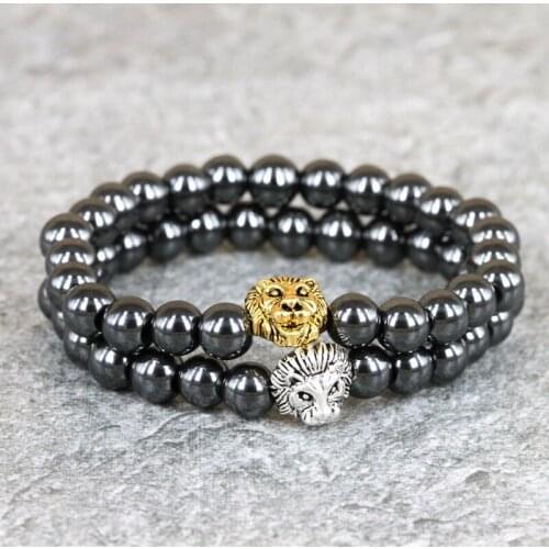 8MM Black Hematite Beaded Gold/Silver Lion Charm Hand Bracelet For Men and Women Gift Jewelry Pulseras Mujer