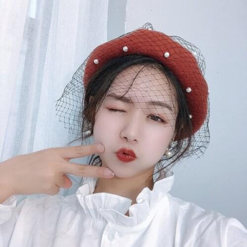 Woolen Pearl Mesh Beret Women Autumn And Winter British Retro Painter Korean Pumpkin Bud Ladies Hat Tide