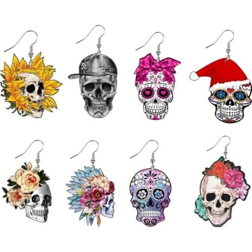 Cool Punk Flower Candy Skull Cross Acrylic Earrings for Women Halloween Horrible Ghost Head Dangle Earrings Fashion Jewelry