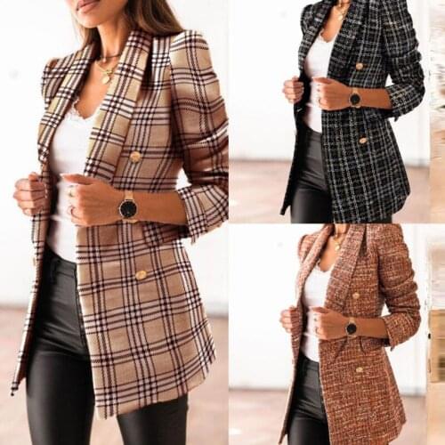 Autumn Fashion Women Long Sleeve Stylish Plaid Jacket Blazer 2021 Winter Double Breasted Slim Chic Casual Suit Coat