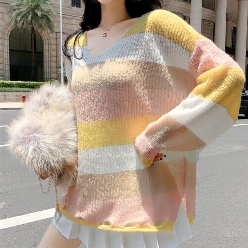 2020 Fashion Sweet V Neck Long Sleeve Rainbow Striped Knitted Pullover Elegant Korean Loose Sweater Women Women Sweater