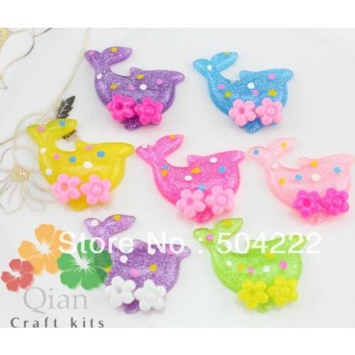 100pcs large Glitter Resin kawaii dolphin with flower and folka dot cabochons pendants hair bow diy 35mm
