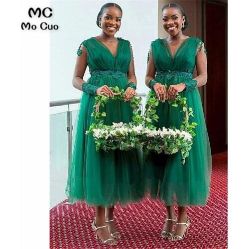 African Junior Bridesmaid Dresses Long with Appliques Beaded Tank Tulle Tea Length Wedding Party Dress bridesmaid dress
