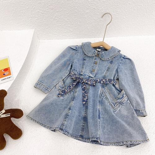 Cute Baby Girls Denim Dress Korean Style Kids Girl Long Sleeve Peter Pan Collar Jean Dresses Spring Autumn Children Clothes 1-6Y