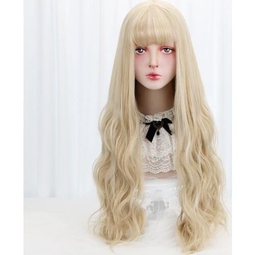 Free Beauty Long Wavy Synthetic Blonde Purple Black Hair Wigs with Bangs for Women Lolita Cosplay Costume Party Halloween