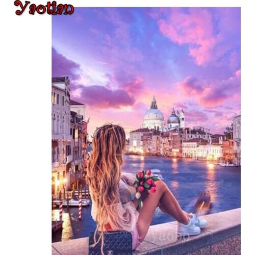 Venice Floating Town Girl Flower Diamond Painting Full Square Round Drill 5D Diamond Embroidery Rhinestones Mosaic Cross Stitch
