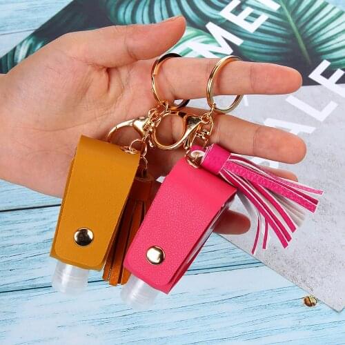 Tassel key button antibacterial disinfectant bottle leather case key chain pendant 30ml hands free leather case