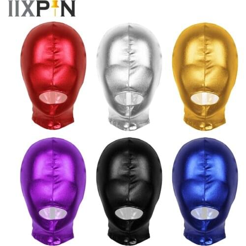 Unisex Adults Latex Face Mask Shiny Metallic Open Mouth Hole Headgear Full Face Mask Hood Masquerade Cosplay Costume Hood Mask
