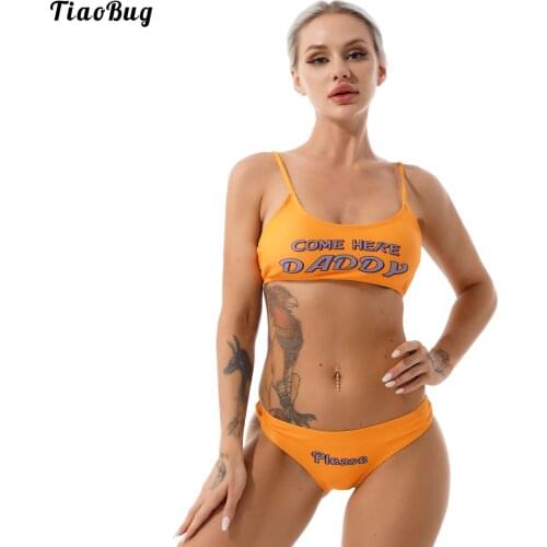 TiaoBug Summer Womens 2Pcs Swimwear Adjustable Shoulder Straps Letter Printed Mini Camisole Bra Crop Tops With Briefs Set Bikini