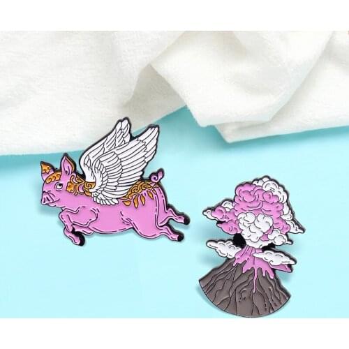 Cartoon Pink Flying Pig Peak Brooches Angel Wings Peak Volcano Pink Cloud Enamel Pin Badge For Girl Gift Brooch Pin Wholesale