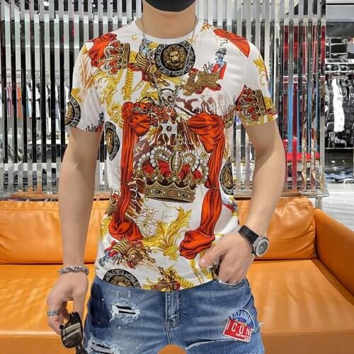 Trend Brand Fashion Baroque Print Rhinestones Short Sleeve T-shirt High Quality Tee Shirt Homme Luxury Summer Tshirt For Men