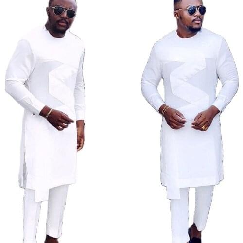 Senator Style Mens Pant Suit Custom Made Solid White Patchwork Tops+Elastic Waist Trousers African Occasion Wedding Clothing
